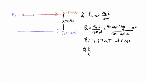 two-long-parallel-conductors-separated-by-110-cm-carry-currents-in-the-same-direction-the-first-wire-carries-a-current-1-400-a-and-the-second-carries-800-a-see-figure-below-assume-the-conduc-99333