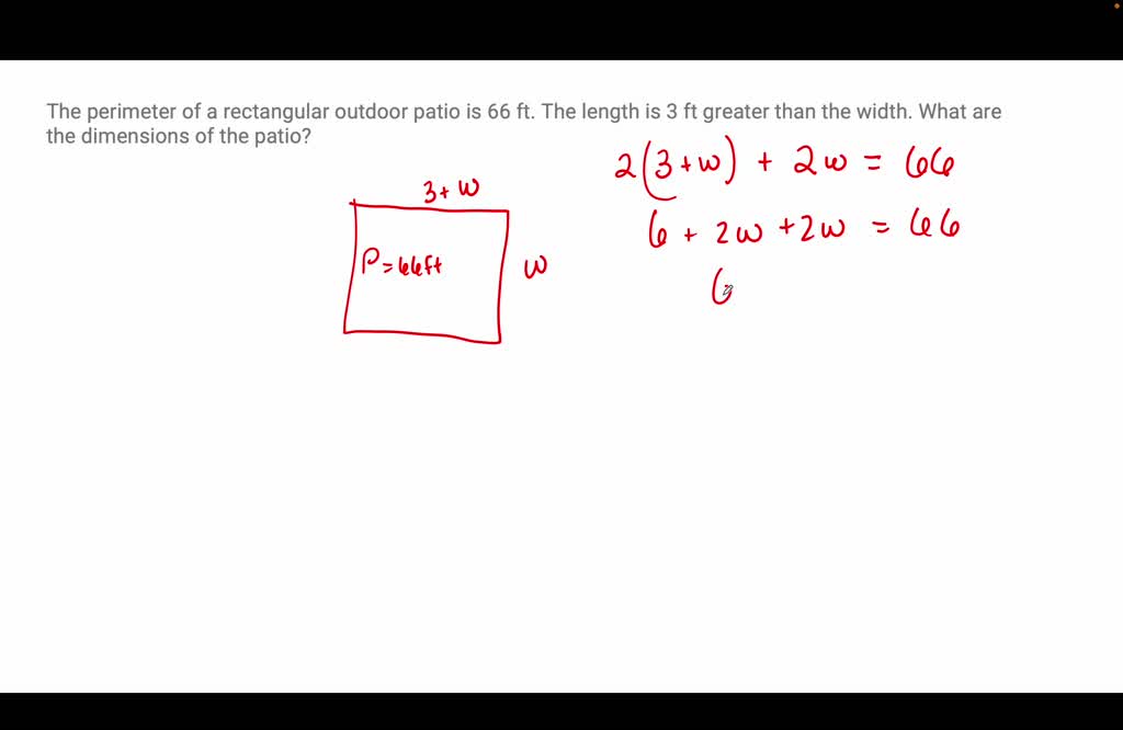 SOLVED The perimeter of a rectangular outdoor patio is 66 ft. The
