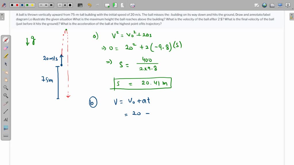 SOLVED: A ball is thrown vertically upward from 75-m-tall building with ...