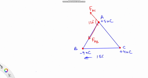 three-nanocoulomb-charges-5-nc-9-nc-4-nc-are-placed-at-the-vertices-of-an-equiangular-triangle-with-a-side-measuring-15-centimeters-how-much-force-is-experienced-by-the-5-nc-charge-due-to-ot-83873