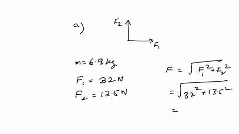 two-forces-f-with-arrow1-and-f-with-arrow2-act-on-a-690-kg-object-f1-320-n-and-f2-135-n-two-figures-show-an-object-of-mass-m-with-two-arrows-labeled-vector-f1-and-vector-f2-originating-from-the-object