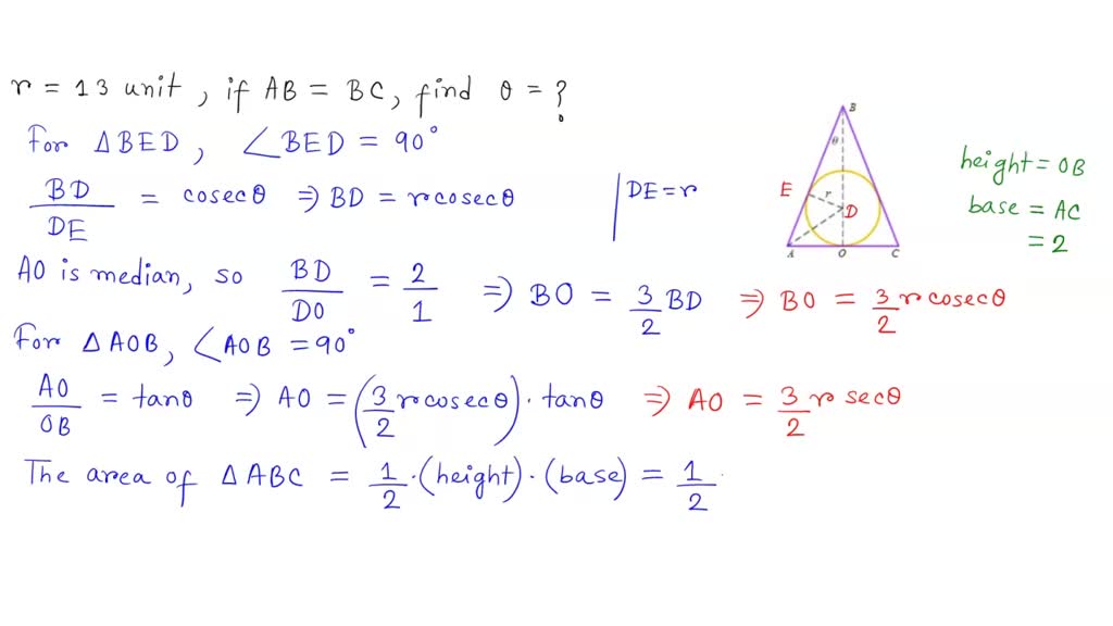 SOLVED: Isosceles triangle ABC circumscribes a circle of radius AB = BC ...