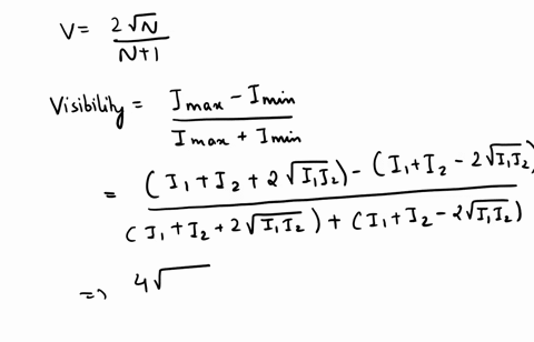 show-that-if-one-beam-in-two-beam-interference-setup-has-an-irradiance-that-is-n-times-that-of-the-other-beam-then-the-fringe-visibility-is-given-by-zvn-v-n-1-determine-the-beam-irradiance-r-37182