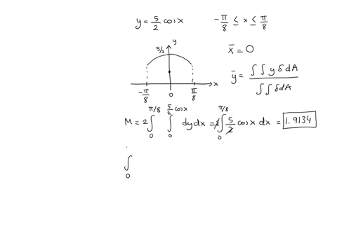 find-the-center-of-the-mass-of-a-thin-plate-of-constant-density-covering-the-region-bounded-by-the-x-axis-and-the-curve-y-2-cos-x-8-xs-8-the-center-of-the-mass-is-located-at-x-y-type-an-exac-54903