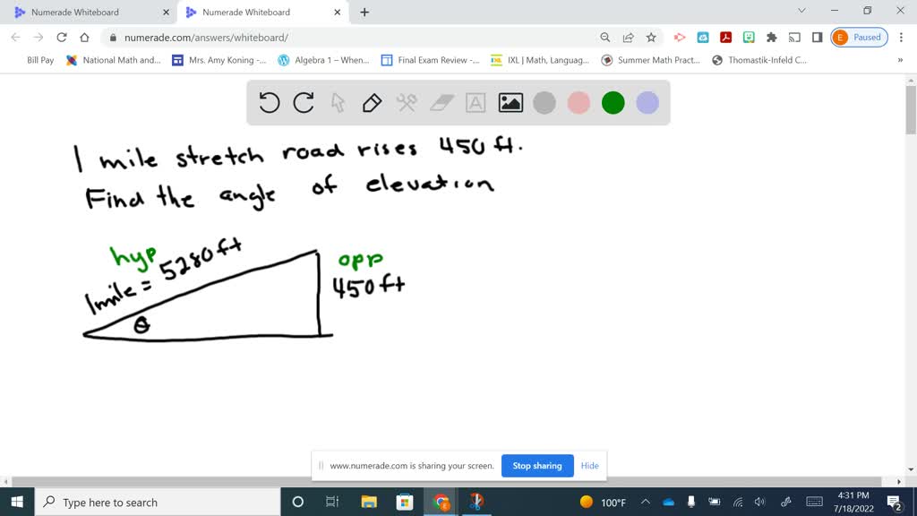 SOLVED A 1 mile stretch of road rises 450 feet. What is the angle of