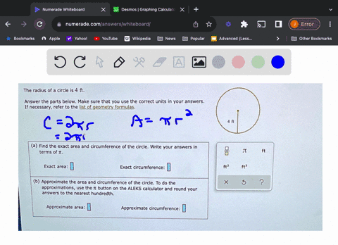 the-radius-of-a-circle-is-4-f_-answer-the-parts-below-make-sure-that-you-use-the-correct-units-in-your-answers-if-necessary-refer-to-the-list-of-geometry-formulas-a-find-the-exact-area-and-c-20236