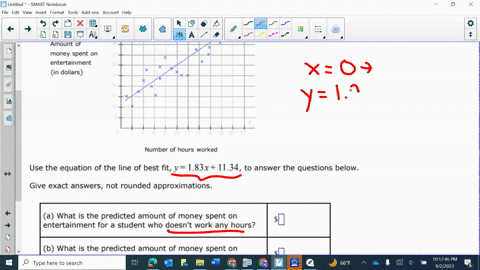the-scatter-plot-shows-the-number-of-hours-worked-x-and-the-amount-of-money-spent-on-entertainment-y-by-each-of-25-students-use-the-equation-of-the-line-of-best-fit-y183x1134-to-answer-the-questions-b