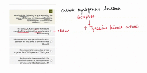 28-which-of-the-following-is-true-regarding-the-cause-of-chronic-myelogenous-leukemia-philadelphia-chromosome-the-bcrabl-fusion-gene-that-results-encodes-for-a-protein-with-week-tyrosine-kin-76089