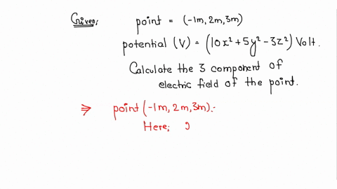 if-the-potential-in-the-region-of-space-around-the-point-1m-2m-3m-is-given-by-v10x2-5y2-3z2volt-calculate-the-three-components-of-electric-field-at-this-point