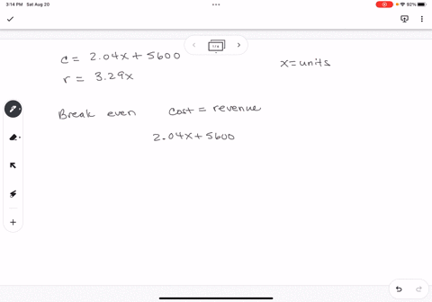 find-the-sales-necessary-to-break-even-rc-when-the-cost-c-of-producing-x-units-is-c204x-5600-and-the-revenue-r-from-selling-x-units-is-r329x-17087