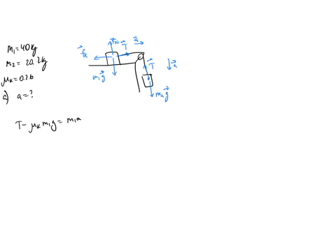 a-block-of-mass-m1-40-kg-on-a-horizontal-surface-is-connected-to-a-mass-m2-202-kg-that-hangs-vertically-as-shown-in-the-figure-below-the-two-blocks-are-connected-by-a-string-of-negligible-ma-66345