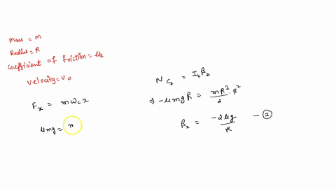 a-solid-homogeneous-cylinder-of-mass-m-and-radius-r-is-moving-on-a-surface-with-a-coefficient-of-kinetic-friction-llk-at-t0-the-motion-of-the-cylinder-is-purely-translational-with-a-velocity-81437