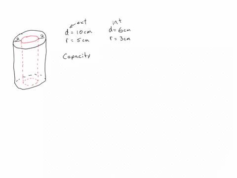 a-cylinder-is-open-at-one-end-the-external-diameter-is-10-centimetre-and-thickness-2-centimetre-the-height-is-8-cm-find-capacity-of-cylinder-and-volume-of-metal-used-35468