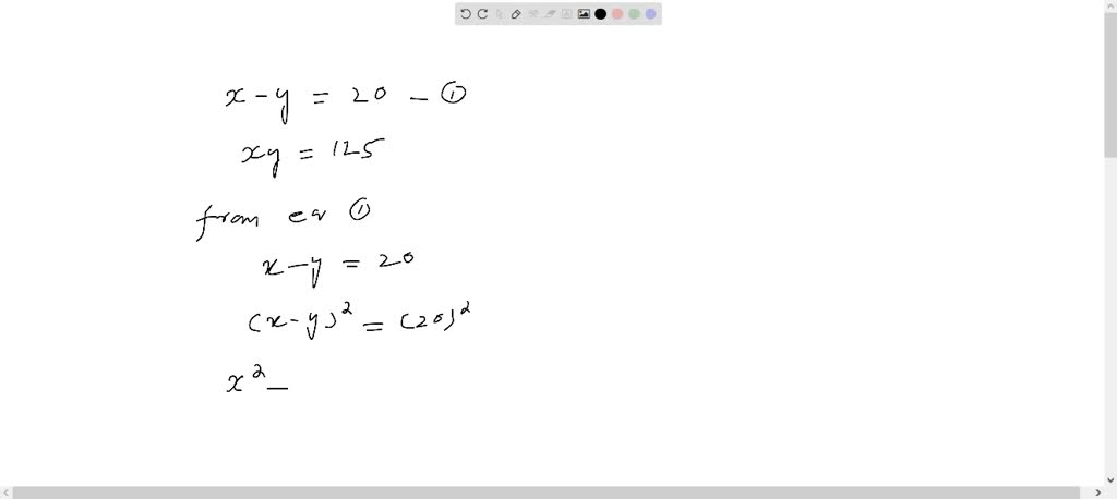 SOLVED: The difference of two numbers is 20 and their product is 125 ...