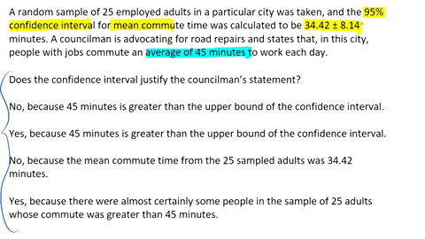 a-study-was-done-to-estimate-the-mean-commute-time-for-a-population-of-employed-adults-a-random-sample-of-25-employed-adults-in-a-particular-city-was-taken-and-the-95-confidence-interval-for-48618