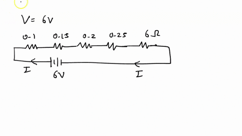 a-battery-of-6v-is-connected-in-series-with-resisters-of-01-ohm-015-ohm02-ohm025-ohm-and-6-ohm-how-much-current-would-flow-through-the-01-ohm-resistor