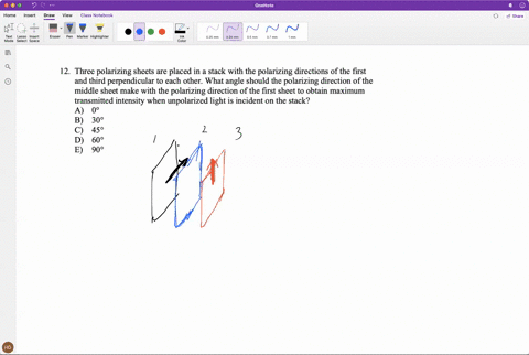 12-three-polarizing-sheets-are-placed-in-a-stack-with-the-polarizing-directions-of-the-first-and-third-perpendicular-to-each-other-what-angle-should-the-polarizing-direction-of-the-middle-sh-61106