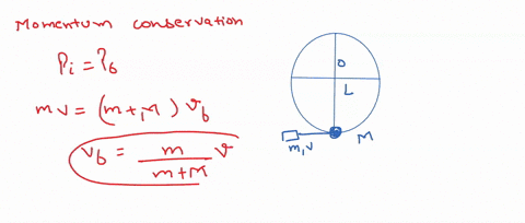 a-pendulum-consists-of-a-mass-m-hanging-at-the-bottom-end-of-a-massless-rod-of-length-l-which-has-a-frictionless-pivot-at-its-top-end-a-mass-m-moving-with-velocity-v-impacts-m-and-becomes-em-4029