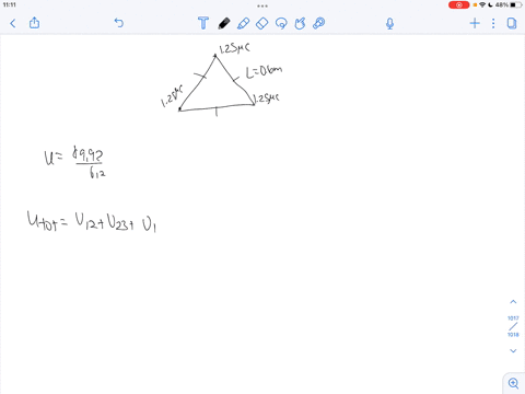 three-equal-point-charges-each-with-charge-125-c-are-placed-at-the-vertices-of-an-equilateral-triangle-whose-sides-are-of-length-0600-m-what-is-the-electric-potential-energy-u-of-the-system-89098