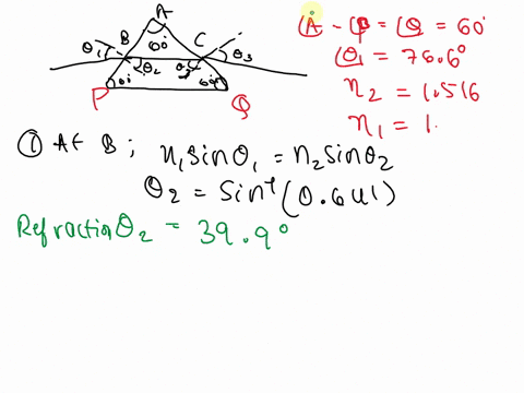a-ray-of-monochromatic-light-is-incident-on-the-face-of-a-prism-in-the-shape-of-an-equilateral-triangle-that-is-the-apex-angle-of-the-prism-is-600-the-incidence-angle-of-the-light-ray-is-766-42725