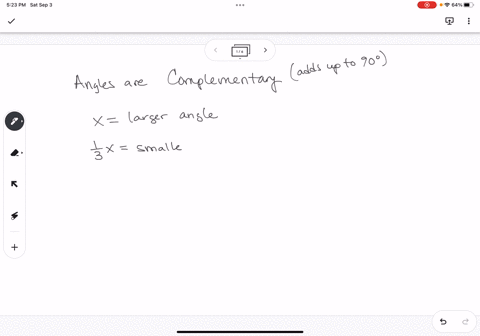 find-the-larger-angle-given-the-following-the-angles-are-complementary-the-smaller-angle-is-equal-to-13-of-the-larger-angle-a-675-b-30-c-270-d-225-e-60-f-none-of-the-above-25978