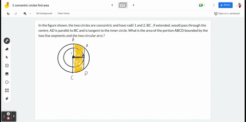 in-the-figure-shown-the-two-circles-are-concentric-and-have-radii-1-and-2-bc-if-extended-would-pass-through-the-centre-ad-is-parallel-to-bc-and-is-tangent-to-the-inner-circle-what-is-the-are-44204