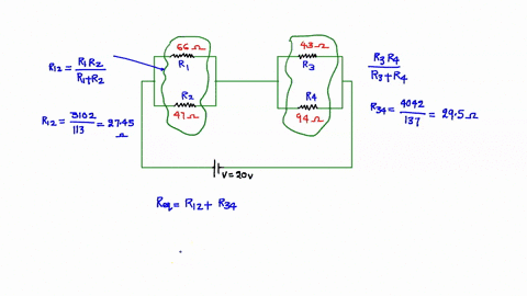 you-have-4-resistor-circuit-like-the-one-shown-below-the-magnitudes-of-resistance-for-the-resistors-are-r1-66-q-r2-47-9-r3-43-9-r4-94-q-the-battery-has-voltage-of-v-20-v-r1-r3-r2-r4-what-is-27184