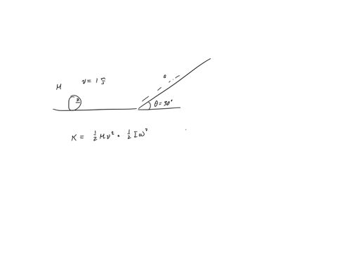 a-uniform-solid-sphere-of-mass-m-and-radius-r-is-rolling-without-slipping-along-a-level-plane-with-an-initial-speed-of-v-100-ms-when-it-encounters-a-ramp-that-is-at-an-angle-of-theta-300o-ab-35357