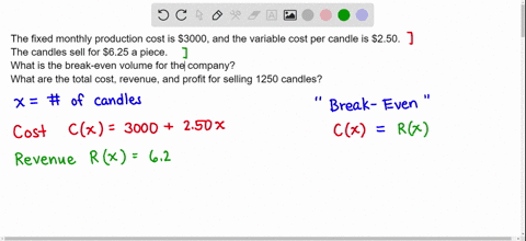 the-fixed-monthly-production-cost-is-3000-and-the-variable-cost-per-candle-is-250-the-candles-sell-for-625-a-piece-what-is-the-break-even-volume-for-the-company-what-are-the-total-cost-revenue-and-pro