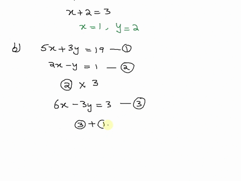 22-solve-each-of-the-following-pairs-of-simultaneous-equations-by-elimination-al-3x-2y-7-xy3-b-5x-3y-19-2x-y-1-c-2x-ty-3-lx-3y-17-d-6x-6y-27-4x-sy-22-63962