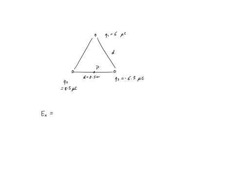 three-charges-are-at-the-corners-of-an-equilateral-triangle-as-shown-in-the-figure-below-calculate-the-electric-field-at-point-midway-between-the-two-charges-on-the-x-axis-let-91-600-c-92-85-03501