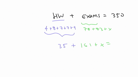 in-a-certain-algebra-2-class-there-is-a-total-of-350-possible-points-these-points-come-from-5-homework-assignments-that-are-worth-10-pts-each-and-3-exams-that-are-worth-100-pts-each-a-studen-90446