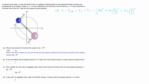 a-uniform-rod-of-mass-180-kg-and-length-200-m-is-capable-of-rotating-about-an-axis-passing-through-its-center-and-perpendicular-to-its-length-a-mass-m1-460-kg-is-attached-to-one-end-and-a-se-41357