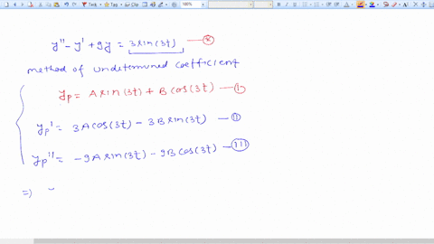 find-particular-solution-to-the-differential-equation-using-the-method-of-undetermined-coefficients-y-y-9y-3-sin-3t-a-solution-is-ypt-91763