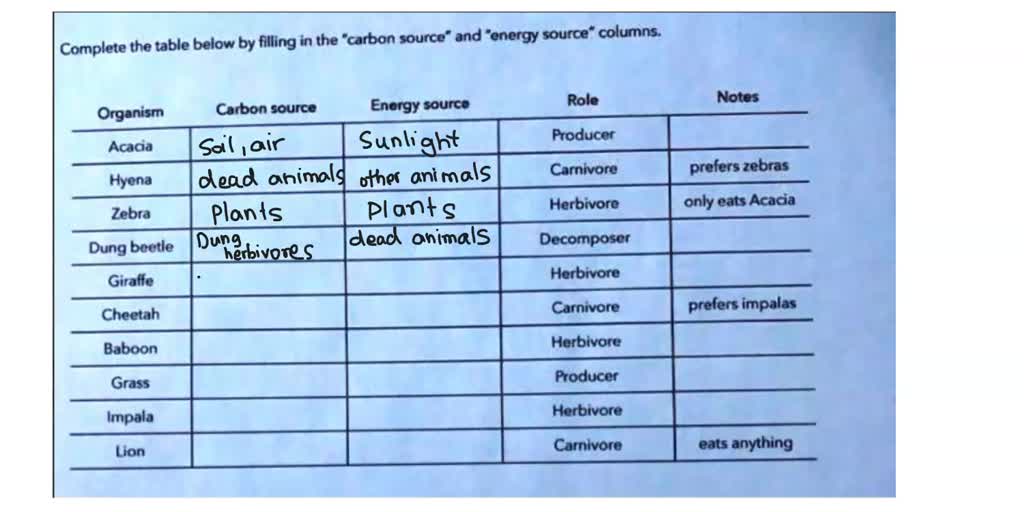 SOLVED: Carbon source Energy source Role Notes Organism Producer Acacia