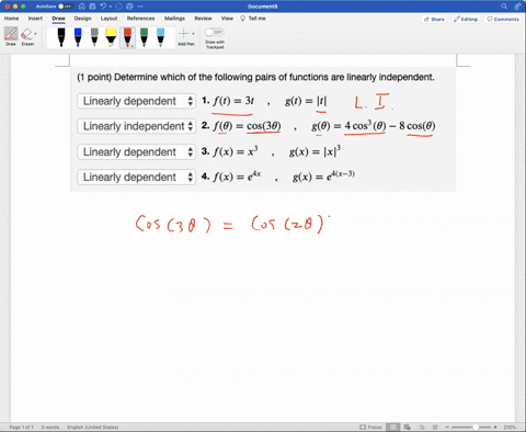 point-determine-which-of-the-following-pairs-of-functions-are-linearly-independent-linearly-dependent-1-ft-3t-gt-t-linearly-independent-2-f0-cos30-g0-4-cos-0-8-cos0-gx-ixl-gx-ex-3-linearly-d-93871