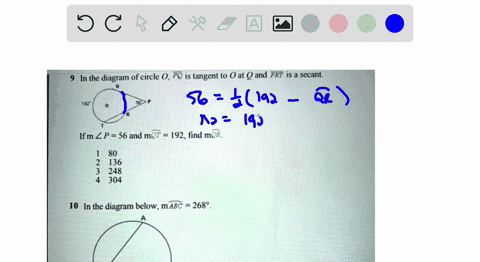 in-the-diagram-of-circle-0-fq-is-tangent-to-o-at-q-and-prt-is-a-secant-ifm-zp56-and-met-192find-mor-80-136-3-248-304-10-in-the-diagram-below-mabc-2689-what-is-the-number-of-degrees-in-the-me-37584