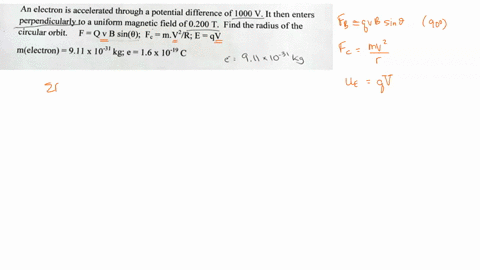 an-electron-is-accelerated-through-a-potential-difference-of-1000-v-it-then-enters-perpendicularly-to-uniform-magnetic-field-of-0200-t-find-the-radius-of-the-circular-orbit-fqv-b-sin0-fc-mvr-80242