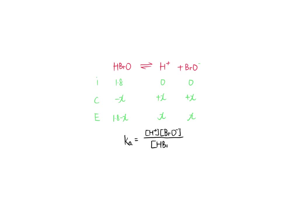SOLVED: Texts: The pH of a 1.2M solution of hypobromous acid (HBrO) is ...
