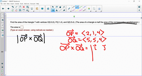 find-the-area-of-the-triangle-t-with-vertices-0000-p214-and-q554-the-area-of-a-triangle-is-half-the-area-of-the-corresponding-parallelogram-the-area-is-type-an-exact-answer-using-radicals-as-87456