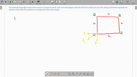 four-identical-charges-q-are-placed-at-the-corners-of-a-square-of-side-l-a-in-a-free-body-diagram-show-all-of-the-forces-that-act-on-one-of-the-charges-b-find-the-magnitude-and-direction-of-the-total-