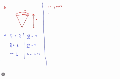 an-inverted-conical-water-tank-height-of-8-ft-and-radius-of-4-ft-is-drained-through-nole-the-vertex-at-a-rate-of-t-s-see-figure-what-the-rate-change-of-the-water-depth-hen-the-water-depth-hi-81133