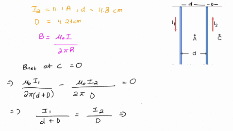 a-two-straight-parallel-wires-carry-currents-in-opposite-directions-as-shown-in-the-figure-one-of-the-wires-carries-current-of-i2-111-a-point-a-is-the-midpoint-between-the-wires_-the-total-d-47348