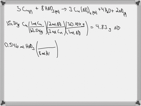 copper-metal-6355-gmol-reacts-with-dilute-nitric-acid-to-form-copperii-nitrate-according-to-the-equation-3cus-8hno3aq-3cuno32aq-4h2o-2nog-1534-g-of-cus-was-mixed-with-a-solution-containing-0-45848