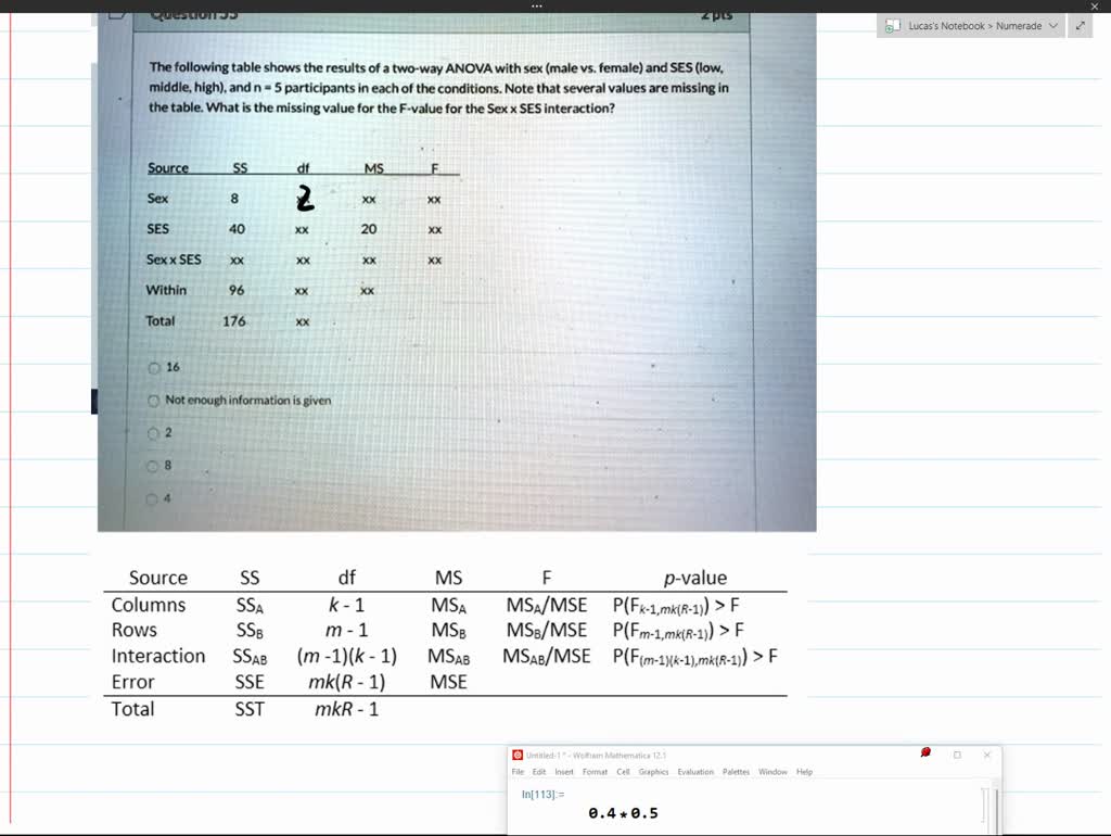 SOLVED: Question 55 2 pts The following table shows the results of a  two-way ANOVA with sex (mal vs. female) and SES (low; middle; high), andn =  participants in each of the