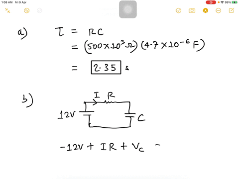 consider-the-rc-circuit-below-in-the-charging-statea-calculate-the-time-constantb-what-is-the-voltage-on-the-capacitor-when-the-switch-has-been-closed-after-a-long-period-of-time-eg-after-hundreds-of-