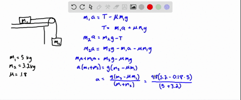 two-masses-are-connected-by-a-rope-over-a-frictionless-pulley-if-the-coefficient-of-kinetic-friction-between-mass-1-50-kg-and-the-table-is-018-while-mass-2-measures-32-kg-calculate-the-const-48797