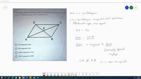 in-the-diagram-shown-parallelogram-abcd-has-diagonals-ca-and-db-that-intersect-point-e-which-expression-is-not-always-true-e-b-ca-congruent-to-db-be-congruent-to-ed-ead-congruent-to-ecb-dec-68818
