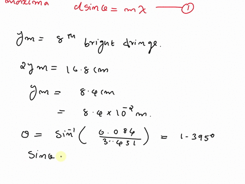 in-a-double-slit-experiment-to-determine-an-unknown-wavelength-of-light-the-measured-total-distance-between-16-maxima-8-on-each-side-of-the-central-maximum-is-168-cm-the-screen-is-located-34-53233
