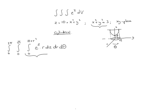 use-cylindrical-coordinates-_-evaluate-the-integral-where-e-is-enclosed-by-the-paraboloid-2-10-x2-y2-the-cylinder-x2-y2-3-and-the-xy-plane-fii-ez-dv-0901